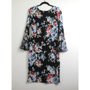 White House Black Market Floral Black Sleek Frilly Sleeves Dress